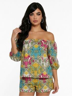 LOFT Square Neck Puff Sleeve Top in Tropical Medallion Print Small 144